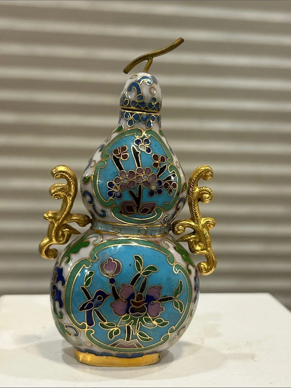 Decorative Turquoise Cloisonné Gourd Vase with Gold Accents